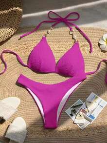 SHEIN Swim 女士實色露背比基尼套裝，適用於度假 - 玫紅色 - 查看 3