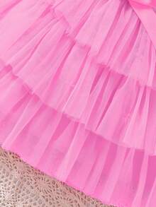 Conjunto de 2 piezas para niña joven con bonita blusa de tirantes y falda de tul decorada con lazo para el verano - Rosa - Ver 4