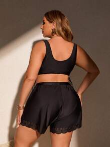 SHEIN Swim Curve Plus Size Women's Summer Beach Plain Side Tied Boxer Shorts Leisure Separated Bikini Set - Black - View 2