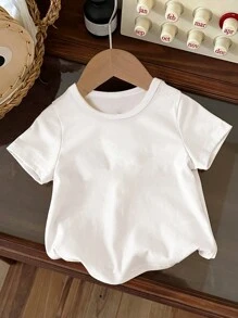 SHEIN Leap Crew Baby Boy Casual Minimalist Cartoon Letter Print Short Sleeve Crew Neck Top, Suitable For Summer, Cotton Blend - White - View 2