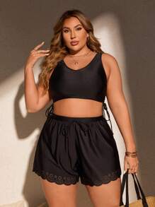 SHEIN Swim Curve Plus Size Women's Summer Beach Plain Side Tied Boxer Shorts Leisure Separated Bikini Set - Black - View 6