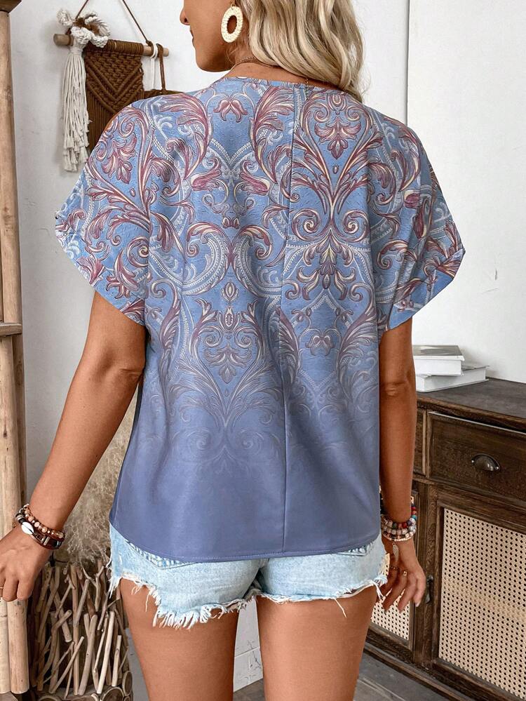 Vacation Style Full Printed V-Neck Split Sleeve Shirt For Summer