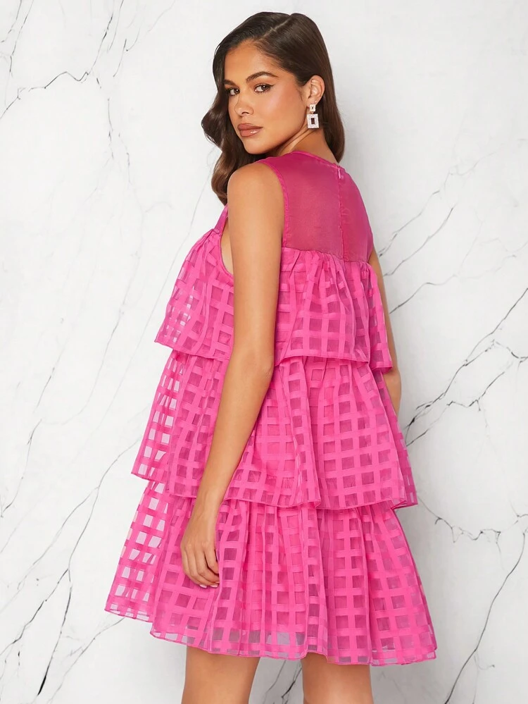 Grid Pattern Layered Ruffle Sleeveless Dress