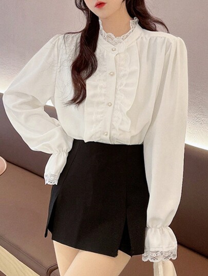 Elegant Commute Solid Color Lace Trim Long Sleeve Blouse