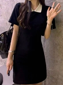 色塊修邊領口無袖夏季露背短裙 - 黑色 - 查看 4