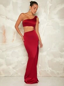 Hauture Vestido ajustado de mujer de unicolor con corte asimétrico en el cuello y cintura recortada en estilo simple para uso diario - Rojo violeta - Ver 5