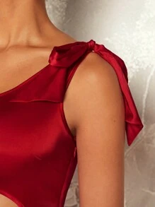 Hauture Vestido ajustado de mujer de unicolor con corte asimétrico en el cuello y cintura recortada en estilo simple para uso diario - Rojo violeta - Ver 7