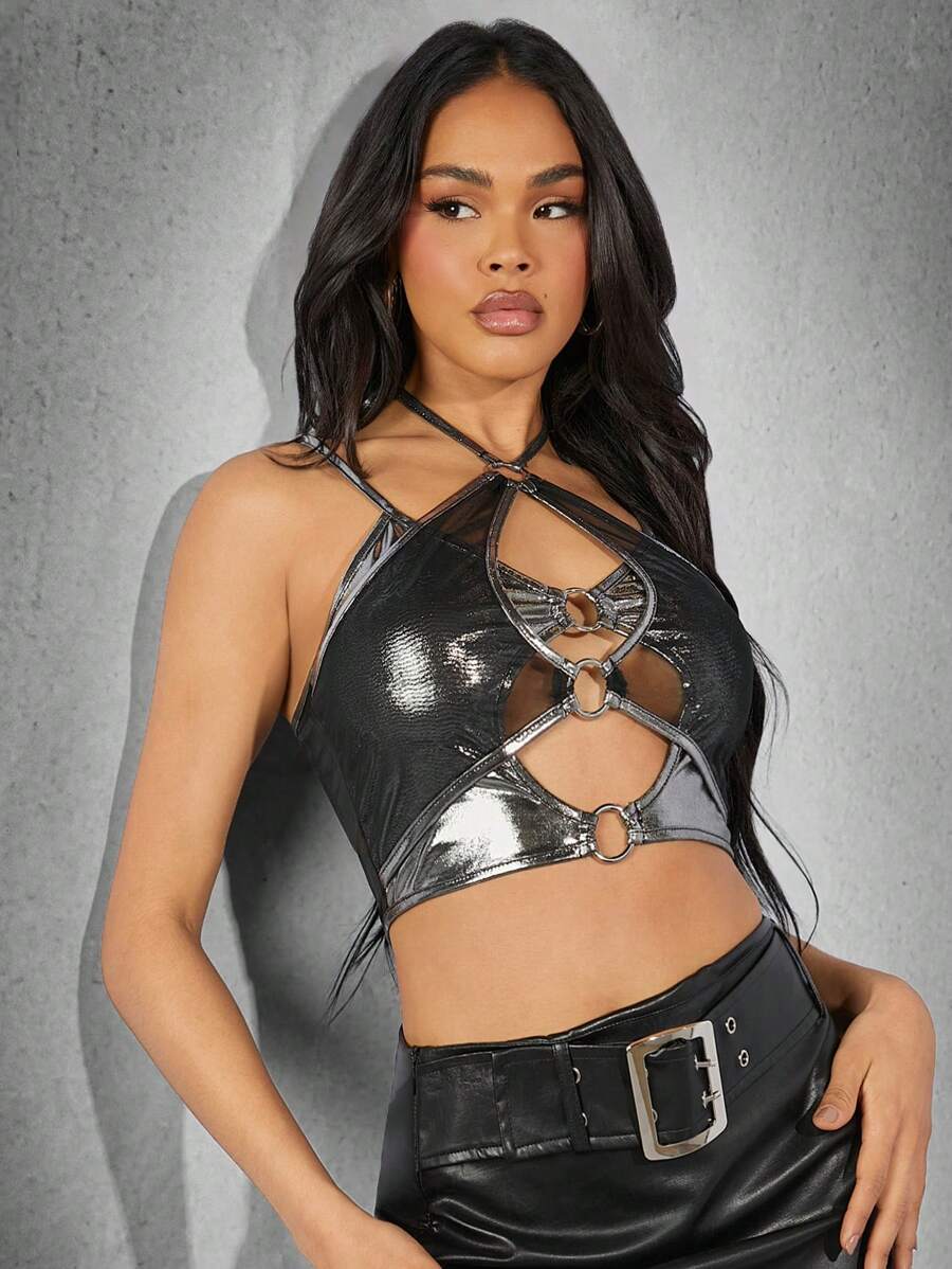 Hauture Ring Linked Cut Out Mesh Metallic Top