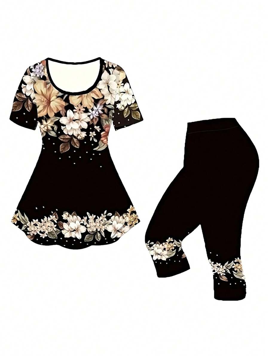 Plus Size Blue Colorblock Butterfly Print T-Shirt And Printed Pants Casual 2-Piece Set - Black - View 1