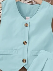 SHEIN Conjunto de 2 piezas de top con pliegues y falda elegante para niña preadolescente - Celeste - Ver 4