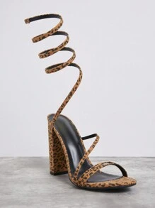 SHUZIA 女款豹紋高跟夏日涼鞋，歐美風格設計，韓國時尚優雅 - 棕色 - 查看 2