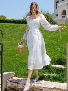 Elegant Floral Print Lantern Sleeve Dress, Perfect For Vacation Spring - Blue - View 6