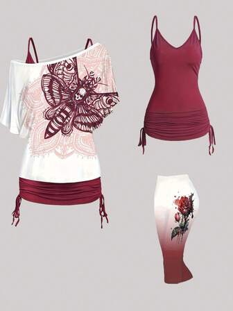 Plus Size 3 Pieces Gothic Set | Batwing Sleeve Cami Top & Asymmetrical Skirt | Butterfly Ombre Print (1XL-5XL) Y2K Dark Academia Coord