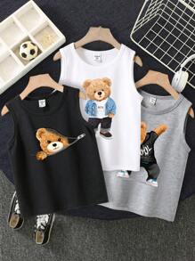 SHEIN Conjunto informal de 3 piezas para niño joven con patrón de osito de dibujos animados en camisetas sin mangas, adecuado para el verano