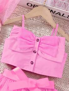 Conjunto de 2 piezas para niña joven con bonita blusa de tirantes y falda de tul decorada con lazo para el verano - Rosa - Ver 3