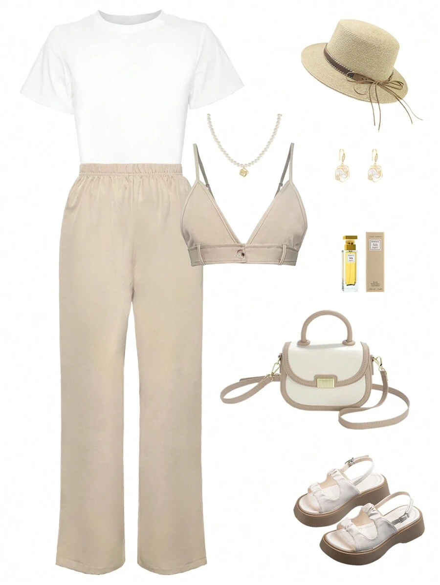 Conjunto de 3 piezas para chicas adolescentes en verano, camiseta blanca de moda deportiva y ocio, camisola con diseño de buen gusto, pantalón recto holgado y cómodo. Adecuado para compras, viajes, fiestas con amigas y el día a día