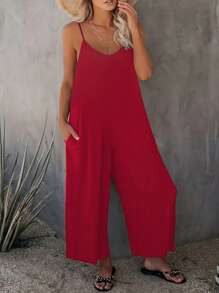 Plus Size Women's Solid Color Casual Cami Jumpsuit - Burgundy - View 1