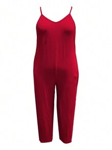 Plus Size Women's Solid Color Casual Cami Jumpsuit - Burgundy - View 4