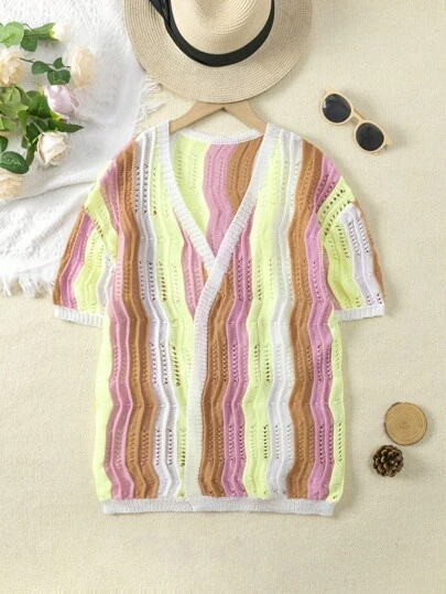 Girls' Colorful Stripe Beach Style Loose Short Sleeve Knitted Cover Up With Crochet Back And Contrast Swimwear Cover Up, Suitable For Summer Beach Vacations And Daily Wear