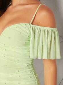 SHEIN Unity Faux Pearl Ruched Lace Up Back Dress - Green - View 5