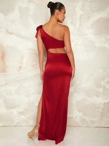 Hauture Vestido ajustado de mujer de unicolor con corte asimétrico en el cuello y cintura recortada en estilo simple para uso diario - Rojo violeta - Ver 3