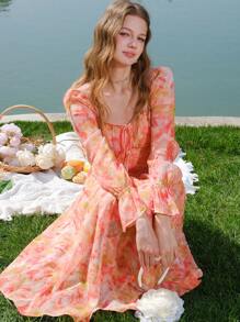 Vacation Elegant Full Floral Print Flare Sleeve Cinched Waist Mini Dress