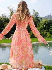 Vacation Elegant Full Floral Print Flare Sleeve Cinched Waist Mini Dress