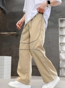 SHEIN Tween Boys Color-Block Casual Daily Wear Flashing Pants With Rolled Hem - Apricot - View 3