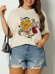 SHEIN LUNE Plus Floral Print Drop Shoulder Tee - Beige - View 5
