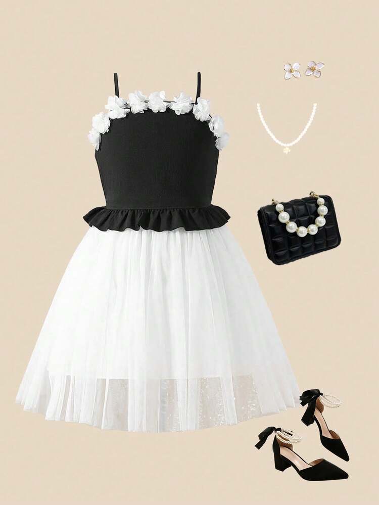 Summer Tween Girls'  Elegant Floral 3d Print Cami Top With Fluffy Ruffle Tulle Skirt, Perfect For Party And Vacation