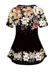 Plus Size Blue Colorblock Butterfly Print T-Shirt And Printed Pants Casual 2-Piece Set - Black - View 2