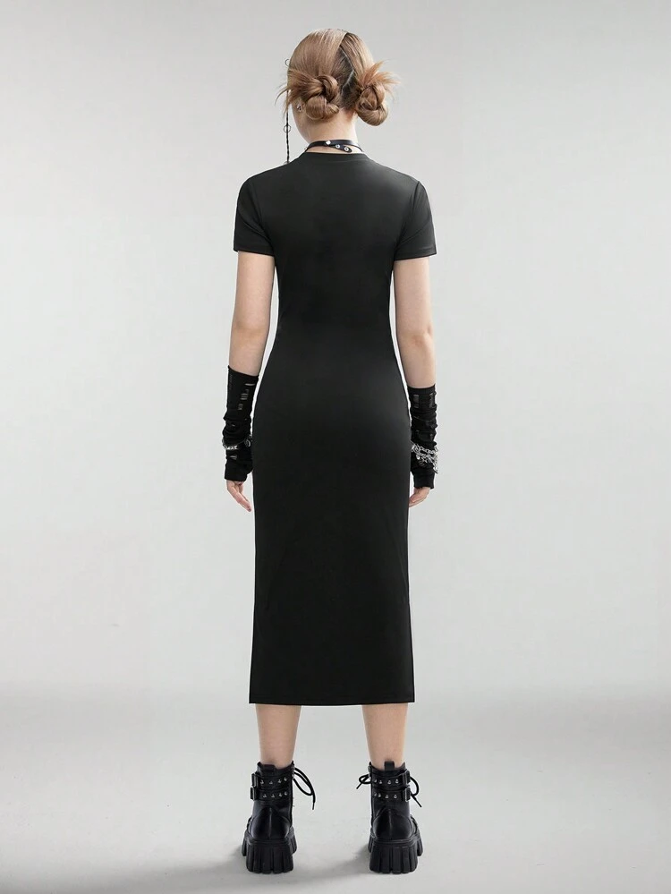 Teen Girl 3D Belt Printed Black Short-Sleeved Casual Dress With Punk Style, Black