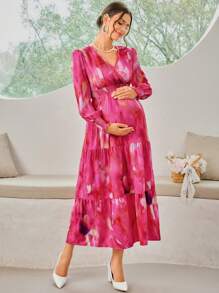SHEIN Maternity Spring/Summer Elegant Tie-Dye Lantern Sleeve High Waist Dress