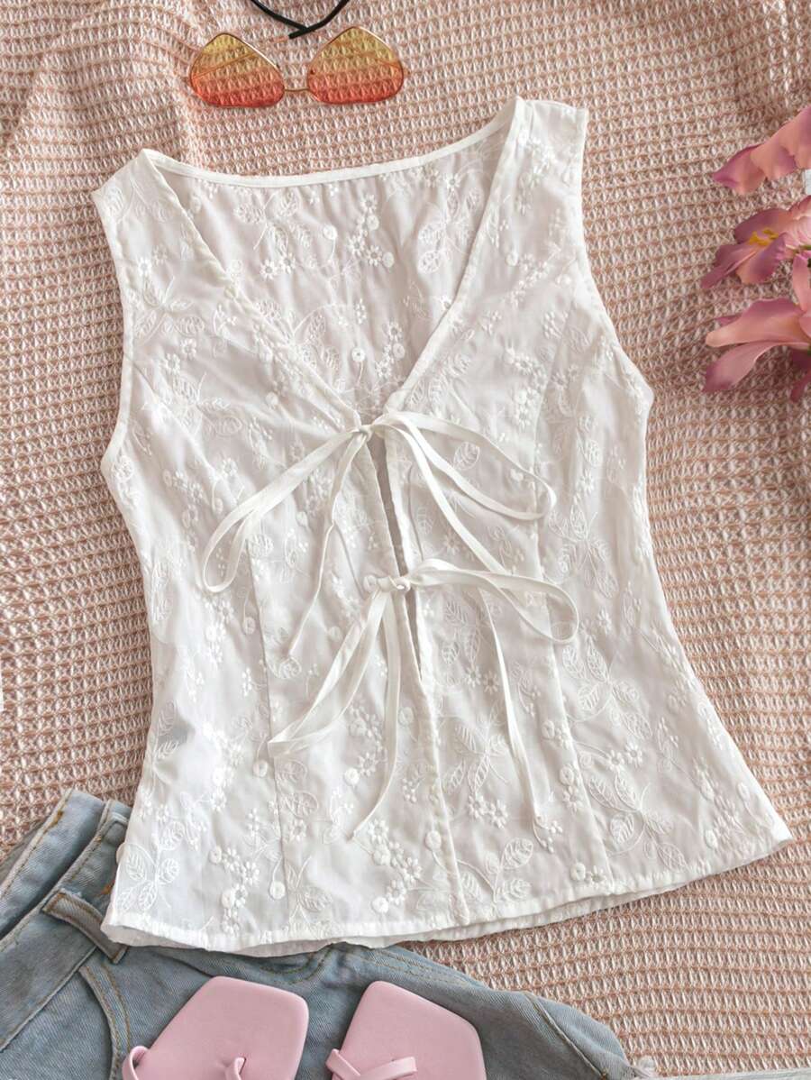 Soleia WYWH假日女士白色刺繡針織開衫，帶繫帶 - 白色 - 查看 1