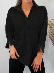 EURMUSE Solid Button Front Shirt - Black - View 5