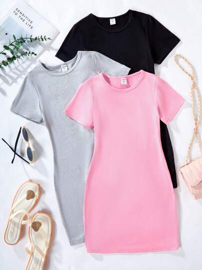 3pcs/Set Tween Girl Round Neck Solid Color Casual Short Sleeve Dress, Simple Everyday Wear, School, Campus, College