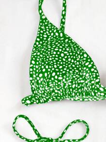 SHEIN Swim Ladies' Holiday Allover Print Halter Neck Bikini Set With T-Back Thong Bottom, Sexy Style,Summer Beach
