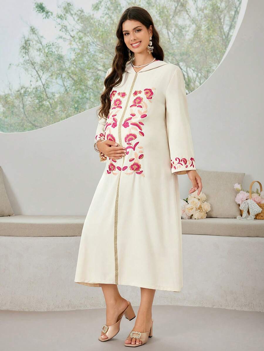 SHEIN 孕婦連帽花卉刺繡優雅長袖連衣裙 - 杏色 - 查看 1