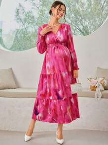 SHEIN Maternity Spring/Summer Elegant Tie-Dye Lantern Sleeve High Waist Dress