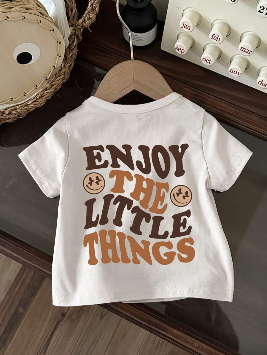SHEIN Leap Crew Baby Boy Casual Minimalist Cartoon Letter Print Short Sleeve Crew Neck Top, Suitable For Summer, Cotton Blend - White - View 1