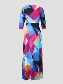 Đầm ngắn tay cổ chữ V thắt eo dành cho nữ, thích hợp cho mùa xuân/hè. - Màu xanh lam - Xem 3