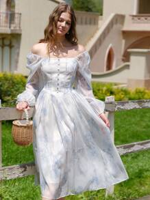 Elegant Floral Print Lantern Sleeve Dress, Perfect For Vacation Spring - Blue - View 4