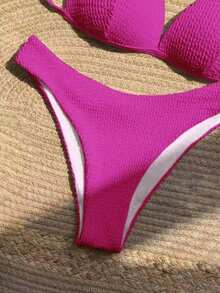 SHEIN Swim 女士實色露背比基尼套裝，適用於度假 - 玫紅色 - 查看 4