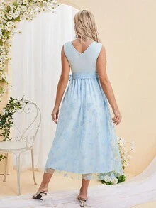 DEARCASE Vestido sem mangas elegante com estampa de flores para gestantes, ideal para o verão e maternidade - Baby Azul - Ver 2