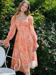 Vacation Elegant Full Floral Print Flare Sleeve Cinched Waist Mini Dress