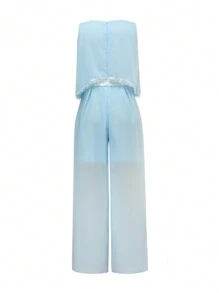 少女優雅婚禮派對花朵腰帶連身褲，採用雪紡面料 - 藍色 - 查看 2