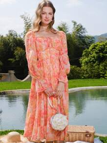 Vacation Elegant Full Floral Print Flare Sleeve Cinched Waist Mini Dress