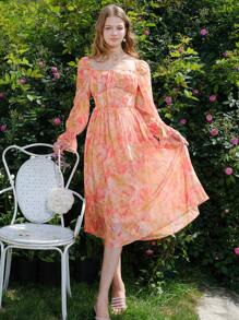 Vacation Elegant Full Floral Print Flare Sleeve Cinched Waist Mini Dress