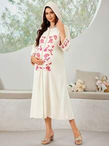 SHEIN 孕婦連帽花卉刺繡優雅長袖連衣裙 - 杏色 - 查看 3