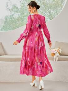 SHEIN Maternity Spring/Summer Elegant Tie-Dye Lantern Sleeve High Waist Dress